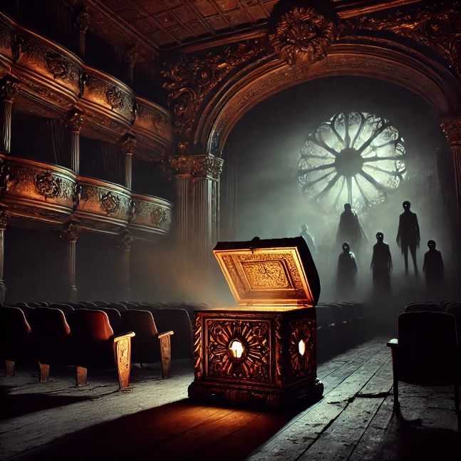 Dark, abandoned theater with an eerie atmosphere and a glowing key on stage.