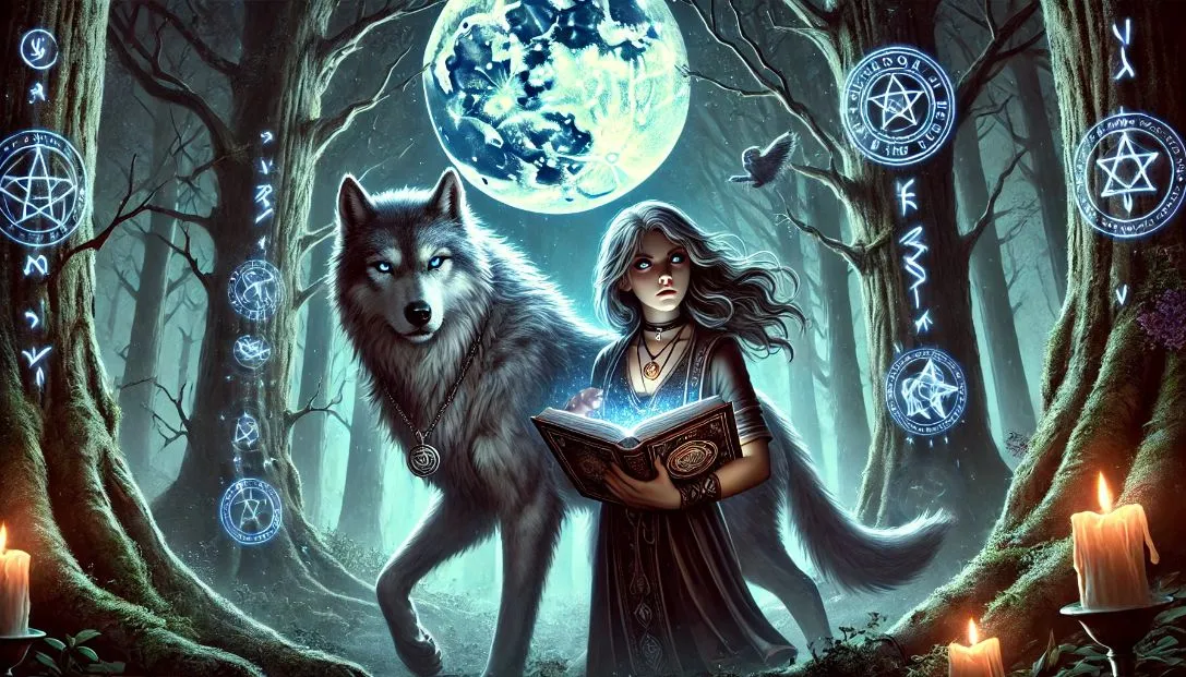 Young alpha werewolf and a human girl in a moonlit forest