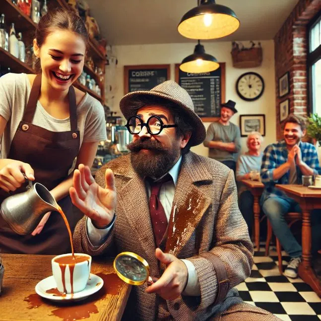 Clumsy detective spills coffee in a café while barista hands him a towel, patrons laugh in the background.