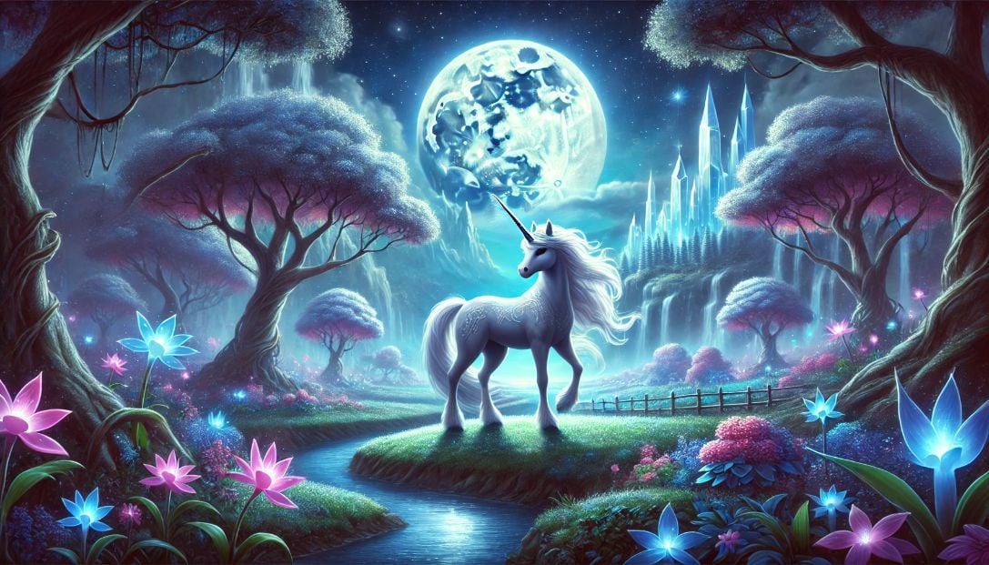 magical landscape of Lumaria with a shimmering silvery unicorn named Selene in the heart of the Luminous Forest. The moonlight bathes the scene, making the unicorn's coat and horn glow softly.