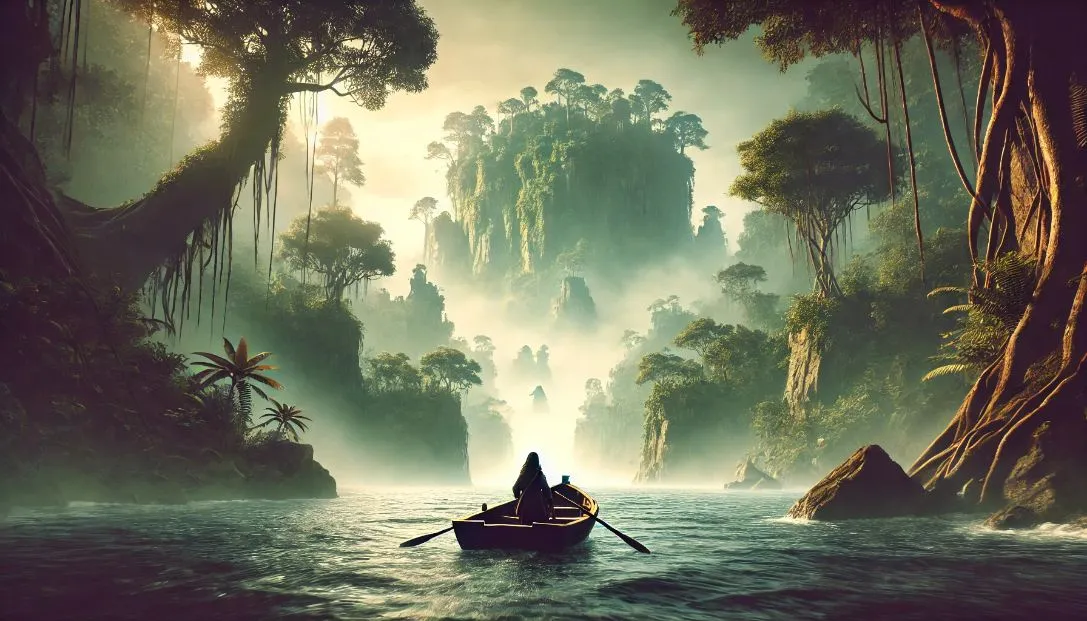 Isla nears the shore of Sibilant Isle on her small boat, The Seafarer, as the mist begins to part, revealing the lush greenery and towering trees of the island.