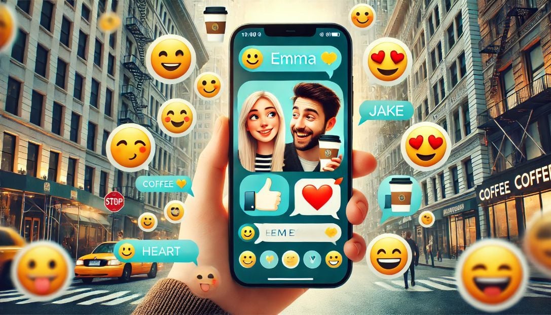 A digital conversation between Emma and Jake with emoji illustrations. Emma's profile picture features a smiley face emoji 😊, while Jake's shows a thumbs-up emoji 👍.