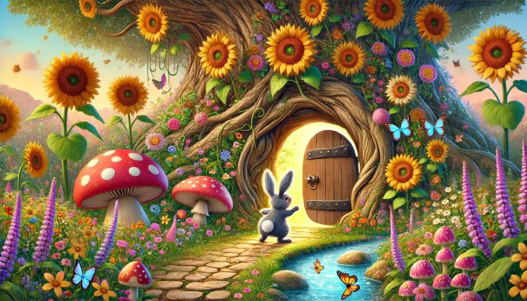 A magical garden with colorful flowers, sparkling streams, and giant mushrooms. Benny the bunny peeks inside the door of an ancient tree.