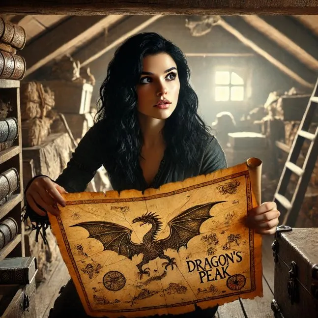 A young woman with raven-black hair discovers an old map in an attic filled with ancient artifacts.