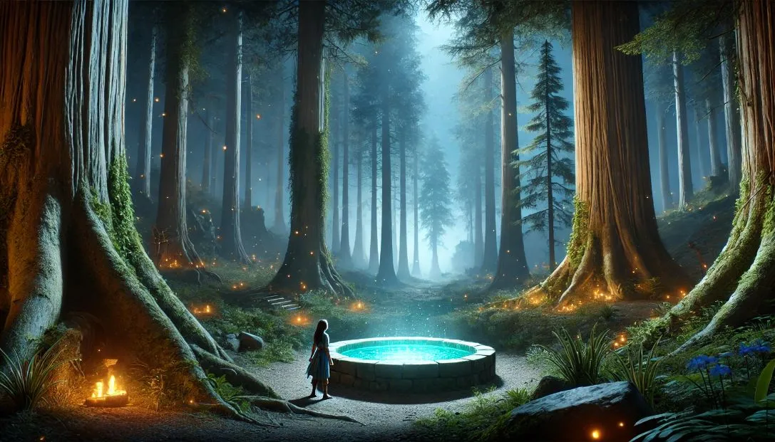 A mystical forest with tall, ancient trees bathed in soft moonlight. A brave young woman named Lyra stands gazing into a glowing crystal clear well in a serene clearing, with fireflies illuminating the air