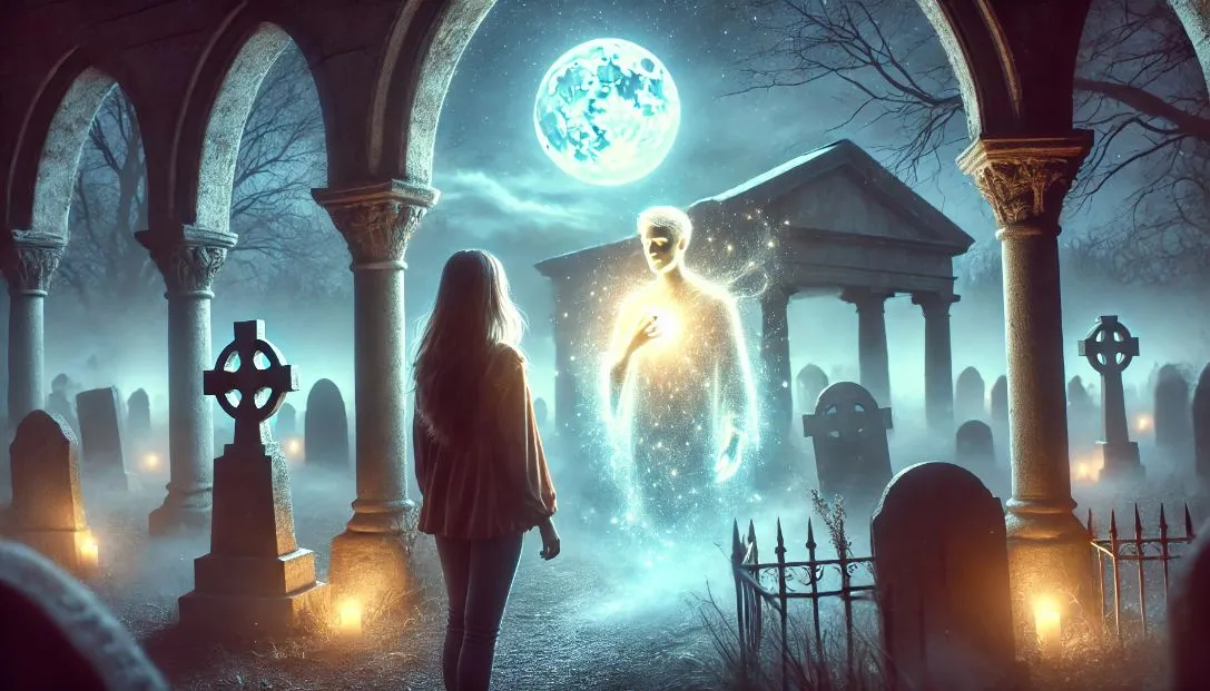 A woman in a misty graveyard at midnight, encountering a glowing magical man. Tombstones are softly illuminated by moonlight, creating an enchanting and ethereal scene.