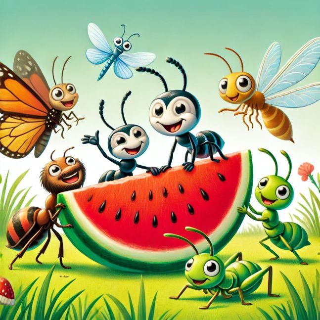 Anty and Andi, with the help of other insects cheering them on, continue to carry the watermelon slice. The scene includes a wise old beetle, butterflies, and grasshoppers encouraging the ants. The background remains the vibrant meadow.