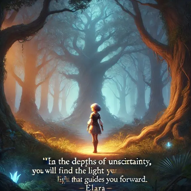 A mystical forest scene at dusk, with ancient trees and a glowing path. A young guardian named Elara stands in the center, looking determined. The quote "In the depths of uncertainty, you will find the light that guides you forward