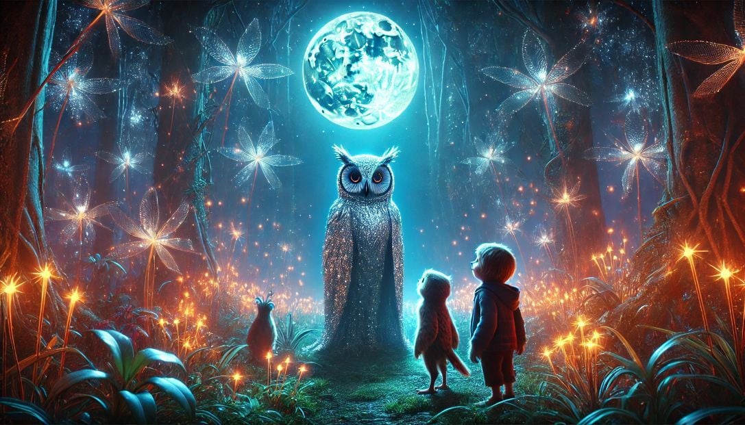 Oliver the Owl and friends meet Selene, the Moon Guardian, in a magical forest clearing under silver moonlight.