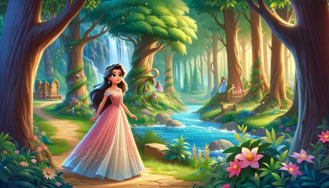 A beautiful princess named Elara in a flowing gown standing at the edge of an enchanted forest filled with towering trees, sparkling streams, and magical creatures. Elara looks curious and ready for adventure.