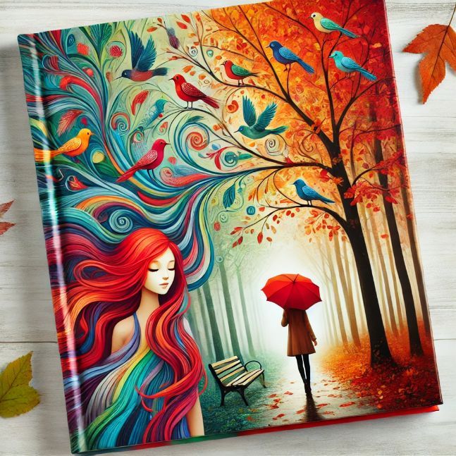 A book cover titled "The Symphony of Colors," featuring a young girl with flowing red hair under a vibrant tree filled with colorful birds, transitioning into an autumn forest path with a person holding a red umbrella.