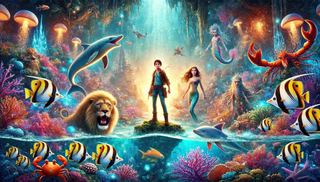 Underwater kingdom with coral reefs, shimmering fish, and mythical creatures. Maren, the young explorer, stands with her mermaid, dolphin, and crab allies, illuminated by glowing pearls