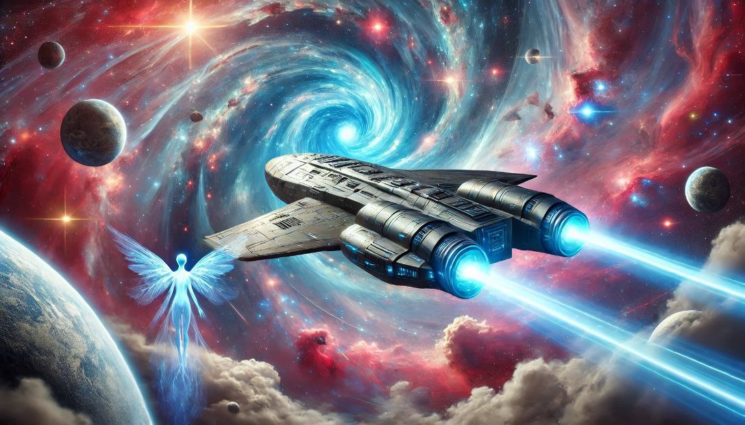 Futuristic starship Odyssey flying through a swirling vortex of light into an alternate dimension with vibrant nebulae and ethereal energy beings.