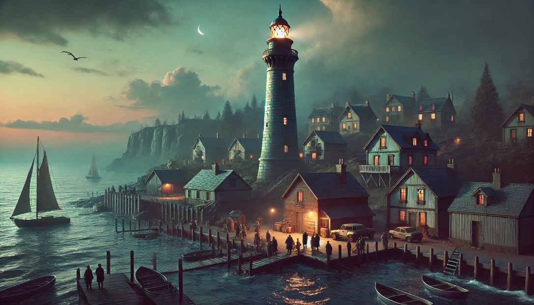 A picturesque coastal town at dusk with a tall lighthouse on a rocky cliff. Townspeople gather at the docks, looking concerned as the lighthouse light fails to shine.