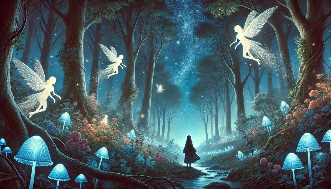 A mystical forest at night with a starry sky. The trees are glowing and whispering ancient secrets. Kiera, a young cartographer, stands in awe, holding a magical quill. Ethereal beings with light wings