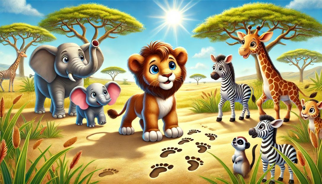 A sunny African savannah with Leo the Lion cub standing near unusual footprints in the sand, surrounded by his friends Ellie the elephant, Zara the zebra, and Max the meerkat.