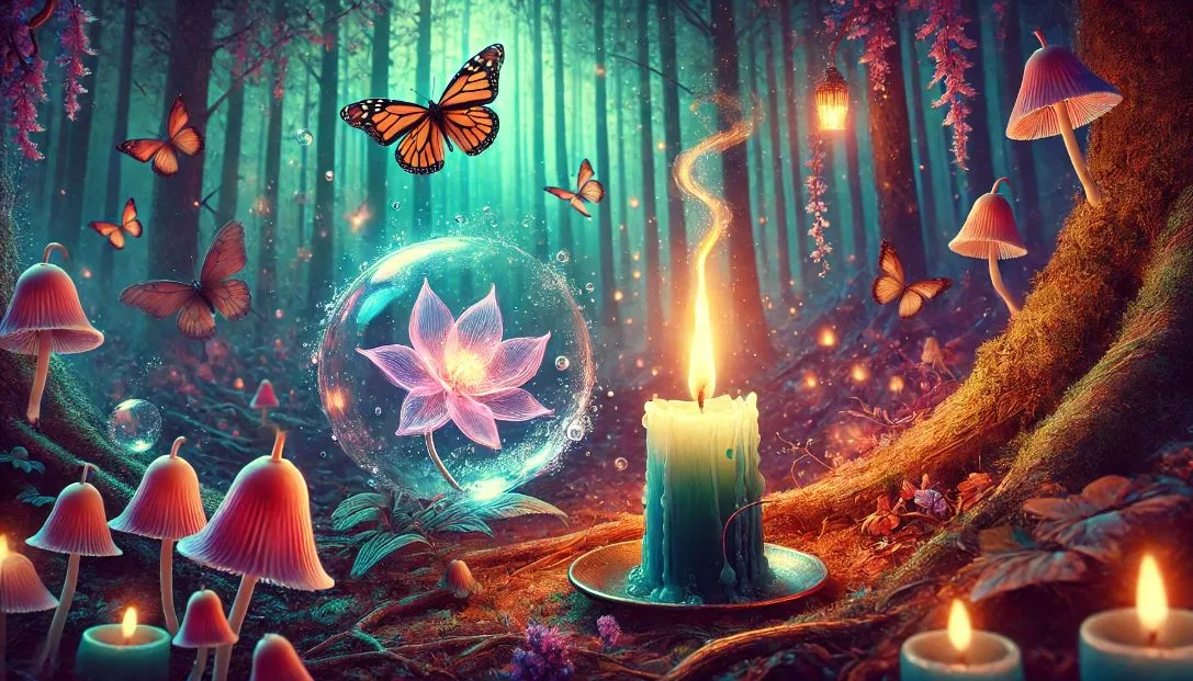 A mystical forest with a candle that has a water flame, light butterflies fluttering around, and a transparent flower blooming. The scene is dreamlike with vibrant colors and a surreal atmosphere.