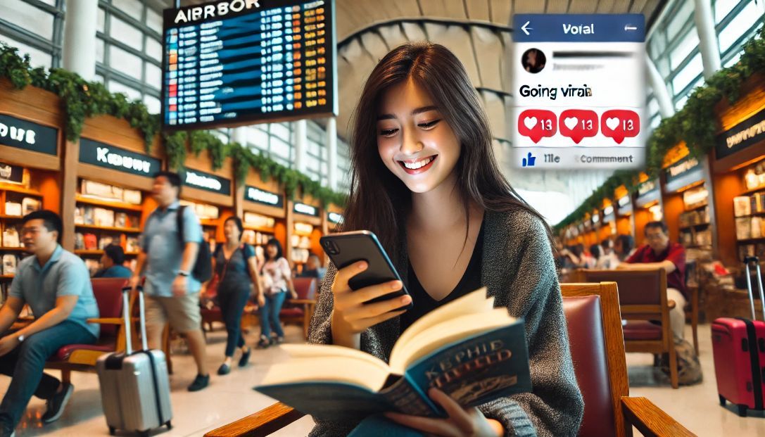 Sophie, a young woman with a joyful expression, sits at an airport bookstore, engrossed in a novel. Her smartphone screen shows an X post going viral with increasing likes and reposts.