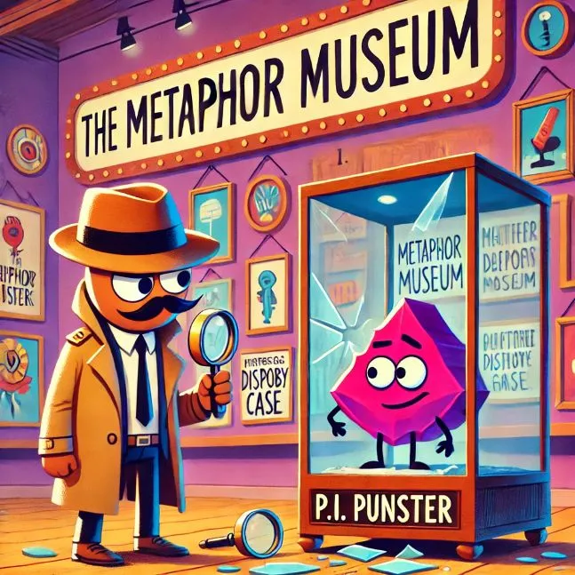 P.I. Punster, a detective with a fedora, at the vibrant, cartoonish Metaphor Museum. He is investigating a shattered display case, looking determined to solve the mystery.