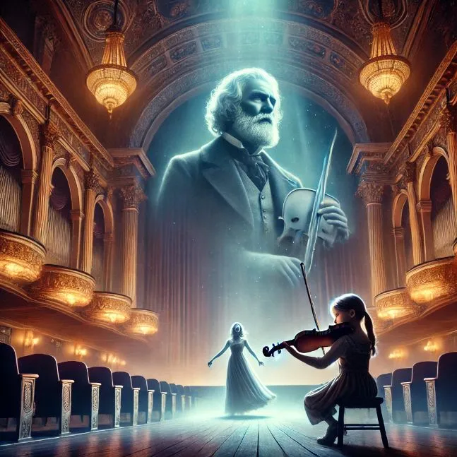 Beautifully restored Orpheum Theater with Lila Donovan playing her violin on stage and Caden Thorne watching from the shadows.