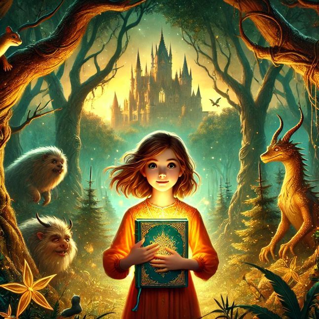 A young girl named Lena stands in an enchanted forest holding a glowing book, with tall ancient trees, mystical creatures, and a distant grand castle bathed in a magical aura.