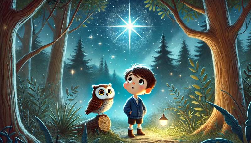 Oliver stands in a forest clearing at night, looking up at a bright star in the sky. Luna, the little owl, is perched on a nearby branch, guiding him. The scene is illuminated by starlight, creating a magical and serene atmosphere.