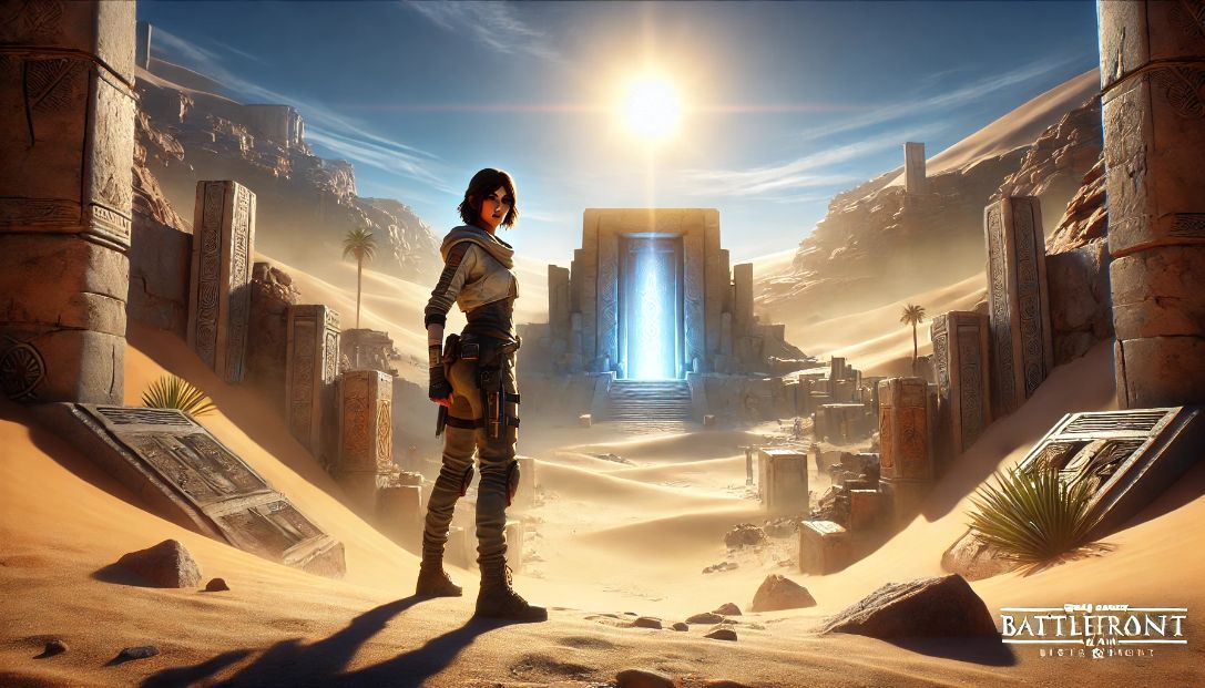 Mira stands at the glowing entrance of an ancient underground chamber in a futuristic desert, with ruins of a forgotten city partially buried in the sand.