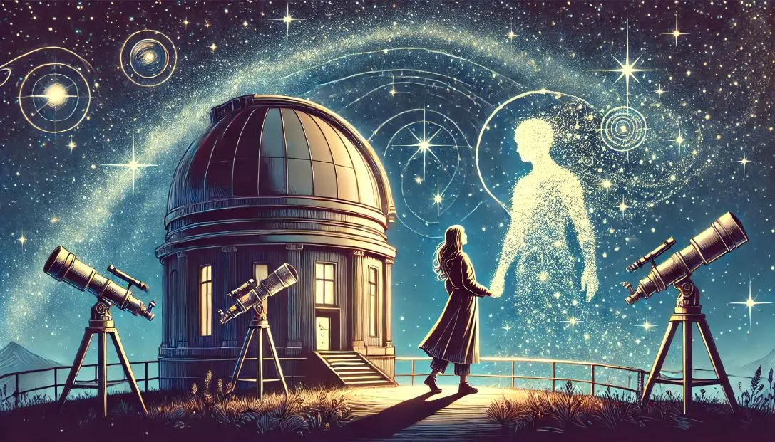 Astronomer and celestial being holding hands at an observatory, gazing at a night sky filled with stars and galaxies.