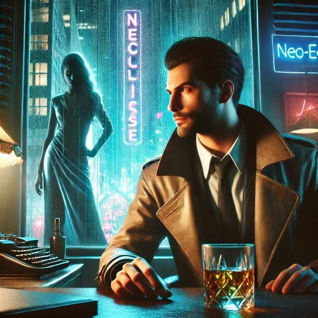 Noir-style scene with private investigator Luka Desmond in a dimly lit office, neon lights from Neo-Eclipse glowing through a rain-soaked window, and a mysterious woman in a silver dress at the door.