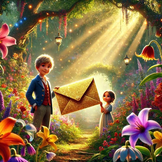 Lily and Max stand in a vibrant secret garden, holding a sparkling invitation. The garden is filled with colorful flowers, and sunlight streams through the trees, casting a magical glow.