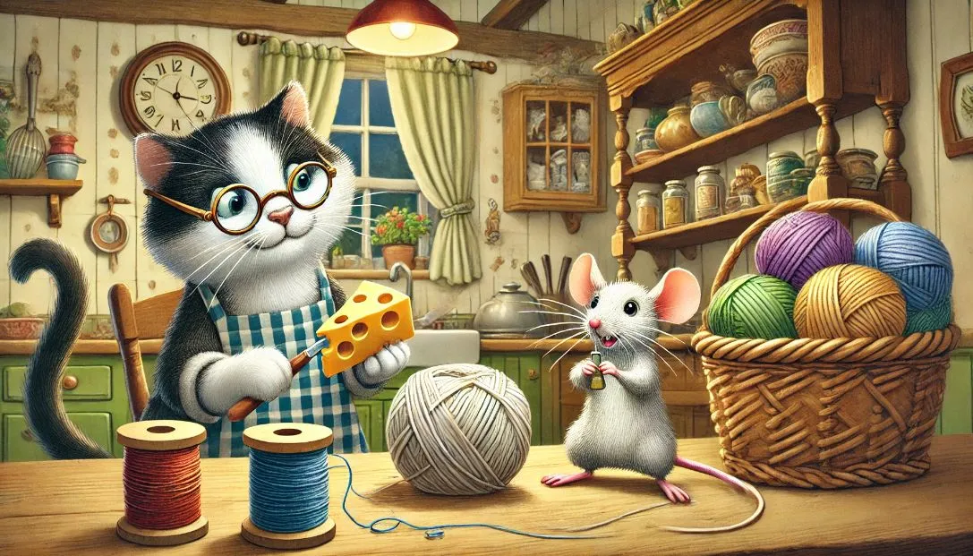 Whiskers, tangled in a ball of yarn, chases after Squeaky, who holds a piece of cheese in a cozy, old-fashioned kitchen filled with spools of thread and a basket of yarn.