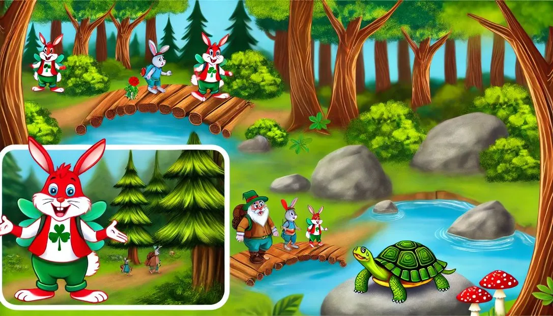 Lucky the red rabbit on a quest through the forest, venturing through whispering woods and crossing a babbling brook.