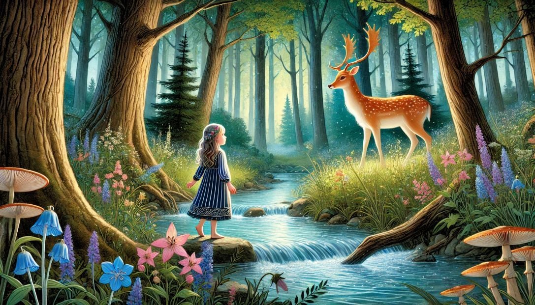 A young girl named Luna stands by a magical stream in a dense forest, the stream whispering secrets to her. The scene is filled with wildflowers, tall trees, and a graceful deer named Elara watching over Luna.