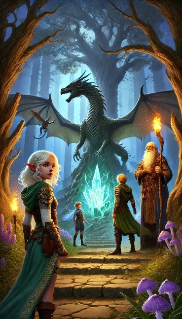 A vertical enchanted forest scene at twilight with a young elf, a warrior, a fairy, and a wizard facing a dragon guarding a glowing Crystal of Light.