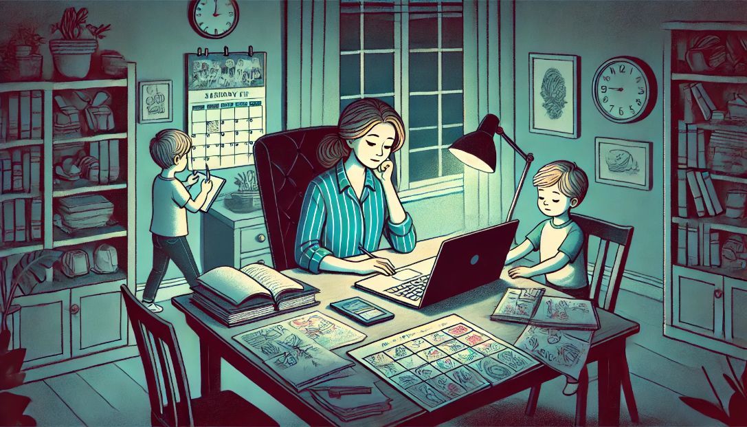 Sarah, a successful entrepreneur, sitting in her home office late at night, surrounded by paperwork and a laptop, as her children quietly place a handmade calendar on her desk.