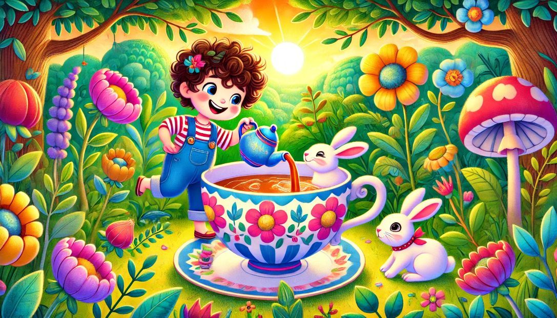 A joyful boy with curly hair and blue overalls is having a tea party in a vibrant, magical garden. He is pouring tea from a blue teapot into a giant teacup, while two playful white rabbits, one inside the teacup