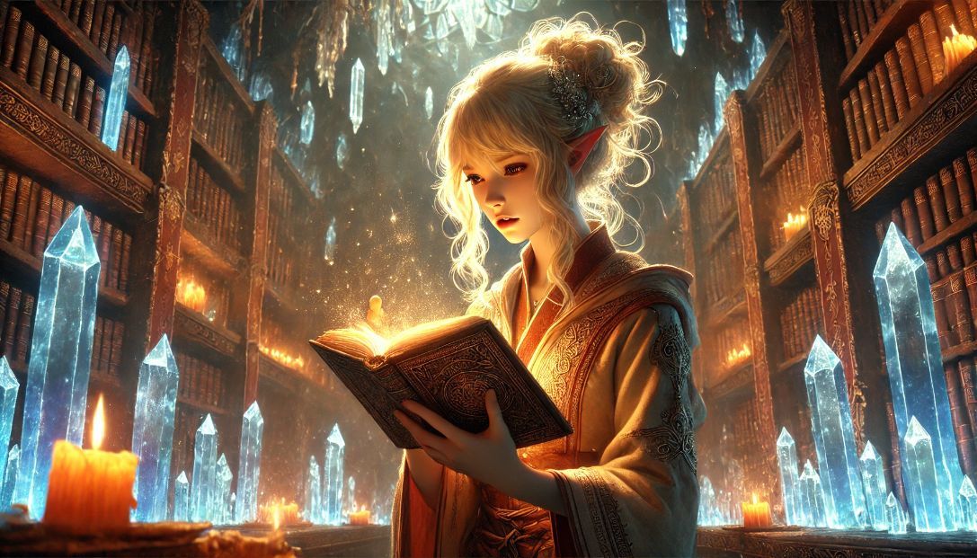 Elara, a young Alarion, reading an ancient manuscript in the Crystal Library, surrounded by glowing crystals and ancient books.