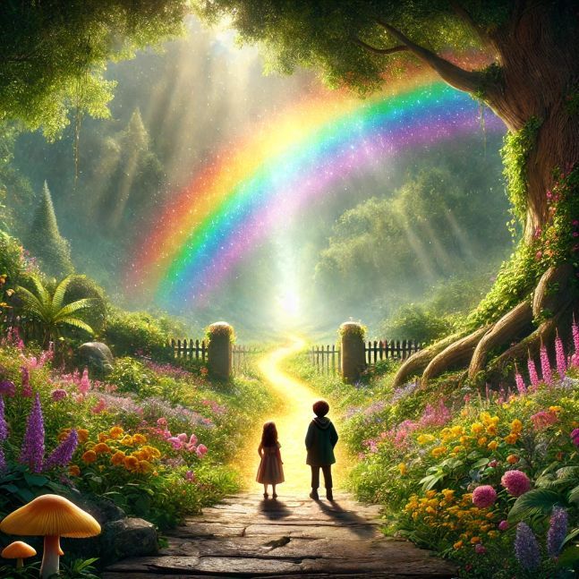 Lily and Max stand at the edge of the secret garden, gazing at a magnificent rainbow with a shimmering path leading from its end.