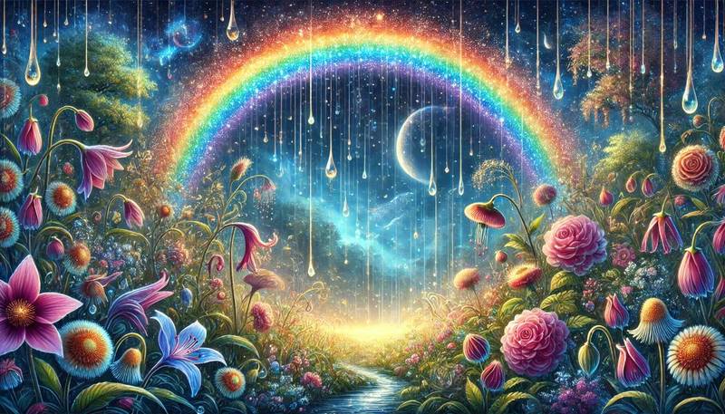 A gentle, warm rain falls in the enchanted garden, with droplets shimmering like liquid stardust. The flowers welcome the rain, their whispers blending with the sound of raindrops to create a symphony of nature.