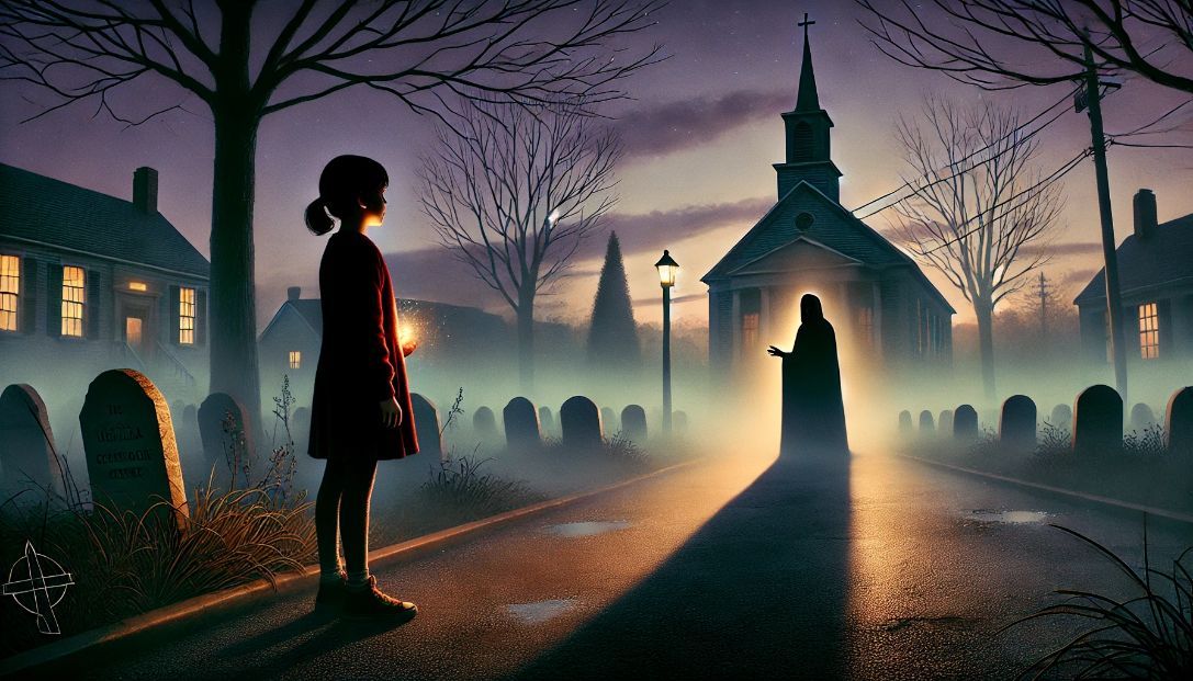 A foggy town of Havenbrook at dusk, with eerie, animated shadows. Lila stands near an old church, looking at a dark figure performing a ritual. An ethereal glow from her hand illuminates the shadows.