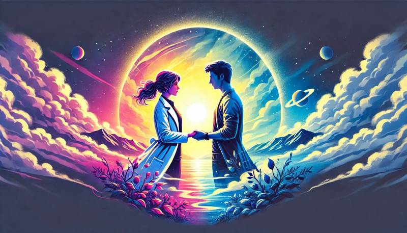 A woman scientist and a man from another dimension standing together, holding hands, and gazing at a vibrant landscape blending elements from both their worlds.