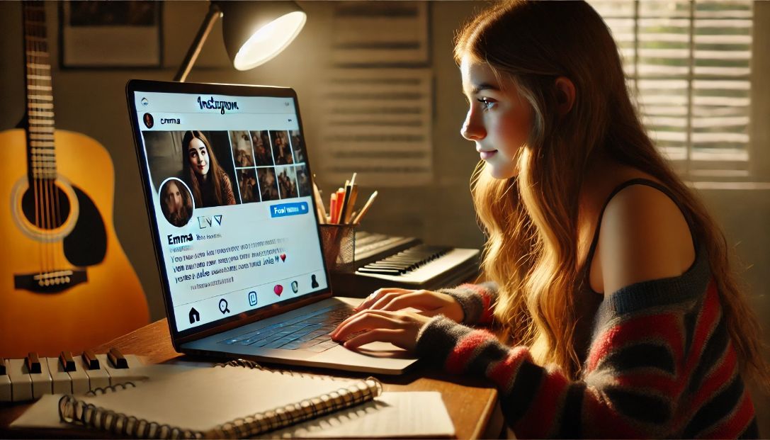 Emma, a young musician with long hair, is sitting at her desk, looking at her laptop screen displaying her Instagram account. The screen shows a reel of her latest song