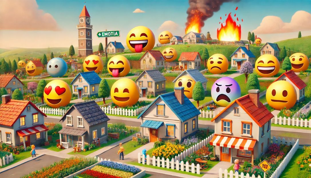 A quaint village named Emotia where all the residents are emojis. The village is lively with emojis representing various emotions like Happy 😊, Sad 😢, Angry 😡, and Surprised 😱.