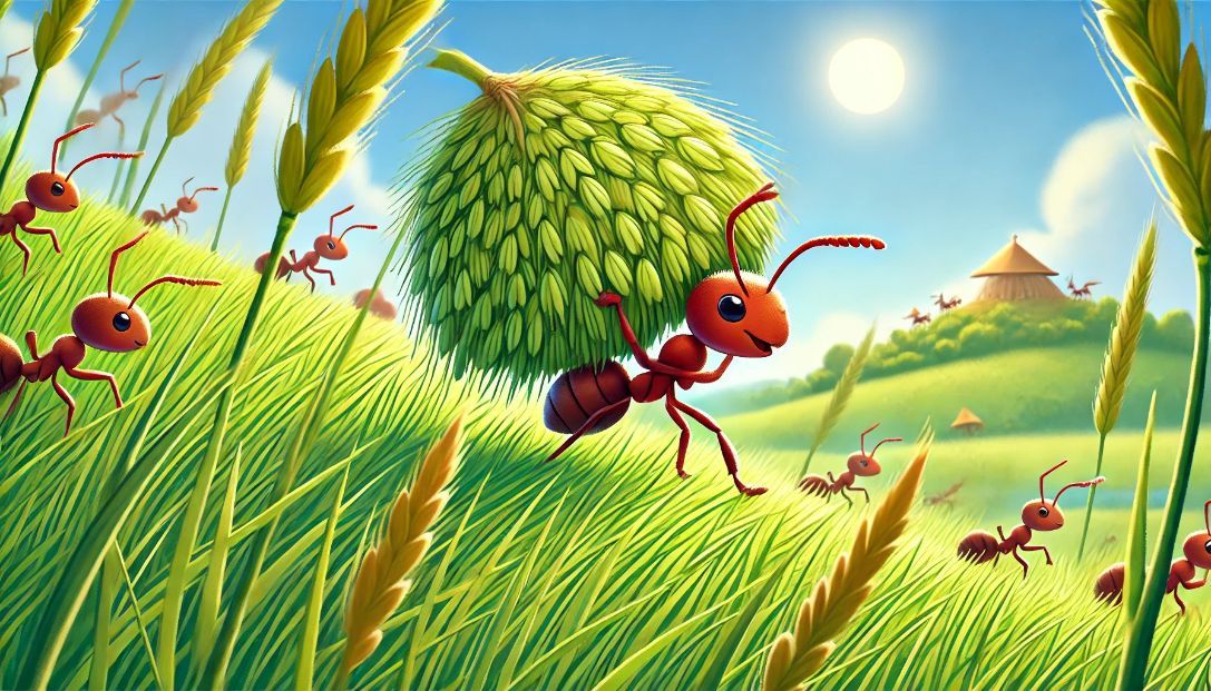 Annie the ant carrying a large grain on her back, walking through a green meadow with tall grass under a bright sun.