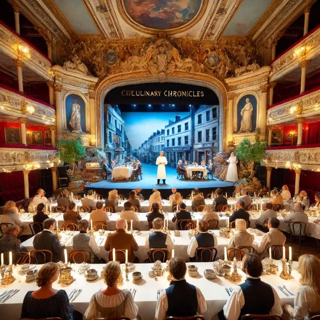 An elegant historic theater transformed into a grand dining hall for "The Culinary Chronicles" with beautifully set tables, period attire, and immersive decorations. Chef Isabella Marconi stands on stage, addressing the guests.