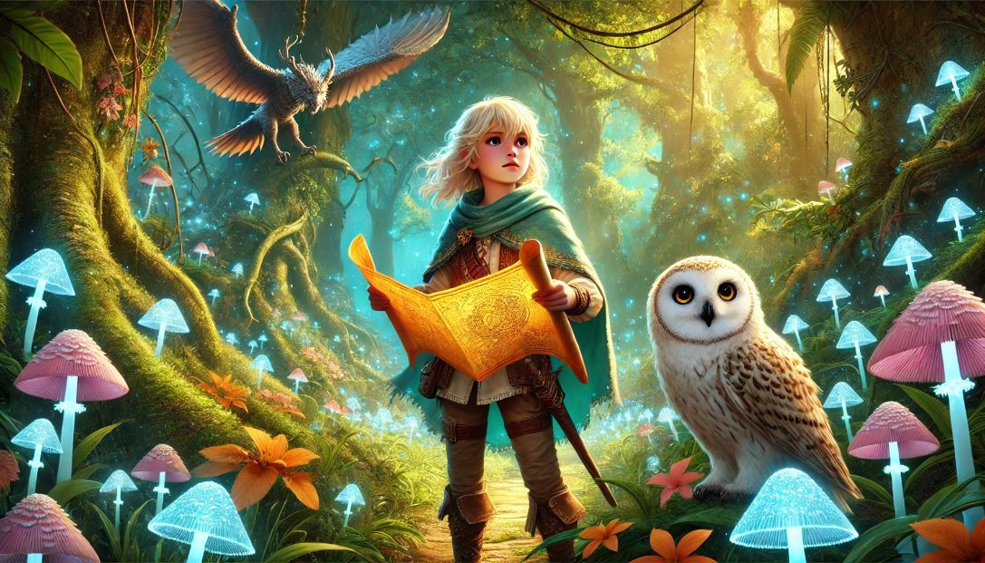 Elara, a young adventurer, standing in an enchanted forest with a magical map and a wise owl. The scene includes shimmering groves, bioluminescent flora, and a dragon guardian in the background.