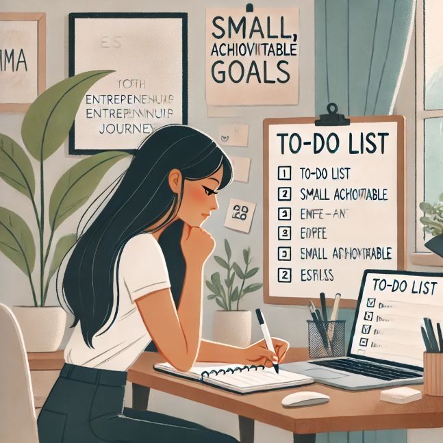 Emma in her home office, focused on creating a to-do list with small, achievable goals for her entrepreneurial journey, surrounded by motivational quotes on the wall.