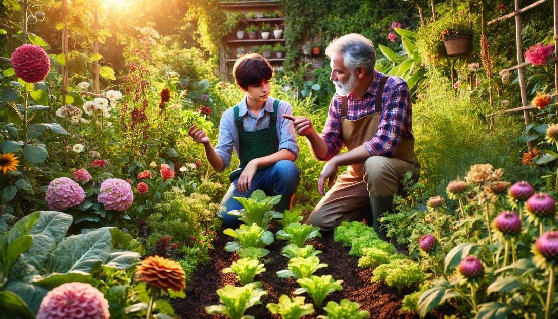 A wise gardener in a lush, vibrant garden, teaching a young farmer amidst blooming flowers and thriving vegetables.