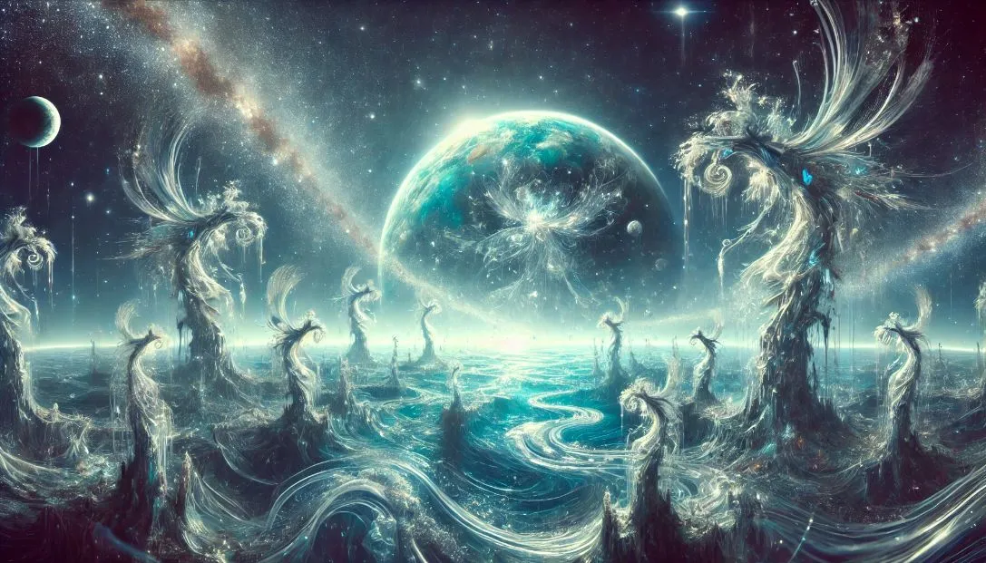 A wide fantasy scene of the water planet Aquara with living water sculptures floating in space, surrounded by stars and cosmic light, capturing the planet's cosmic and magical essence.