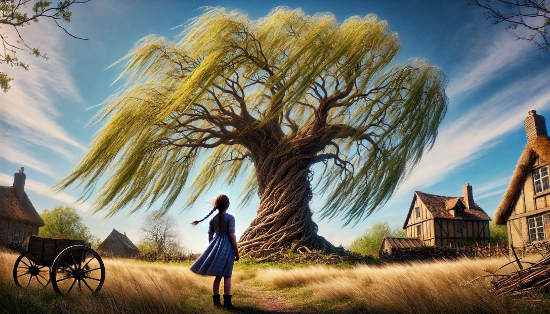 Ella stands in front of a magnificent willow tree at the edge of a village, its branches whispering in the wind under a clear blue sky. The tree looks ancient and magical, with intricate carvings on its trunk.